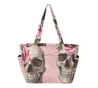 RPLIFE Borsa tote con portabicchieri, teschi umani rose rosa borse da lavoro