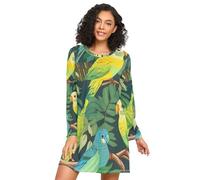 RPLIFE Camicia da notte autunnale, camicie da notte da donna, camicie da notte a maniche lunghe per donna, foglie di pappagalli verdi gialli, Foglie di pappagalli gialli verdi, S