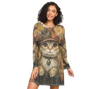 RPLIFE Camicia da notte autunnale, camicie da notte da donna, camicie da notte a maniche lunghe per donna, accogliente biblioteca di gatti calda, Cozy Cat Library Caldo, S