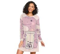 RPLIFE Camicia da notte autunnale, camicie da notte da donna, camicie da notte a maniche lunghe per donna, dinosauro che tiene il tè alle bolle, Dinosauro Holding Bubble Tea, L