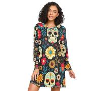 RPLIFE Camicia da notte autunnale, morbide camicie da notte da donna, camicie da notte a maniche lunghe per donna, teschi morti, Il giorno dei teschi morti, XXL