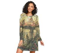 RPLIFE Camicia da notte autunnale, morbide camicie da notte da donna, camicie da notte a maniche lunghe per donna, scena fiabesca, Scena delle fiabe, 3XL