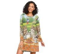 RPLIFE Camicia da notte autunnale, morbide camicie da notte da donna, camicie da notte a maniche lunghe per donne, gatti tea party verde, Gatti Tea Party Verde, XL