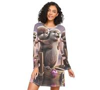 RPLIFE Camicia da notte da donna, a maniche lunghe, camicia da notte casual, per autunno inverno, simpatica coppia lontra, Carino Otter Coppia Amore Barca, L