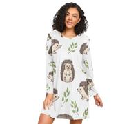 RPLIFE Camicia da notte da donna, a maniche lunghe, camicia da notte da donna, pigiama da notte per l'autunno, carino cartone animato riccio bianco, Ricci Carino Cartoon Bianco, XXL