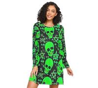 RPLIFE Camicia da notte da donna a maniche lunghe, comoda camicia da notte a girocollo, comoda camicia da notte da donna, teschi stelle nero, Teschi Stelle Nero, S