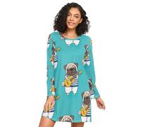 RPLIFE Camicia da notte da donna a maniche lunghe con carlino che suona la chitarra, comoda camicia da notte a girocollo, camicia da notte casual da donna, Carlino che suona la chitarra, L