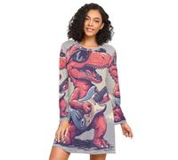 RPLIFE Camicia da notte da donna a maniche lunghe con dinosauro rosso che suona la chitarra, comodo vestito da notte a girocollo, camicie da notte casual da donna, Dinosauro rosso suonare la chitarra