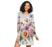 RPLIFE Camicia da notte da donna, a maniche lunghe, con fiori colorati, comoda camicia da notte per autunno inverno, Fiori colorati che sbocciano, L