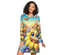 RPLIFE Camicia da notte da donna a maniche lunghe con motivo ape, a girocollo, morbida camicia da notte da donna, Carino Cartoon Bee, 3XL