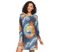 RPLIFE Camicia da notte da donna, a maniche lunghe, con motivo pallavolo che spruzza l'acqua, camicia da notte morbida, per autunno inverno, Pallavolo Spruzzi Fiamme D'acqua, XL