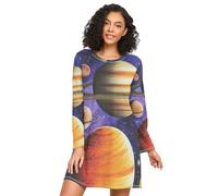 RPLIFE Camicia da notte da donna a maniche lunghe con pianeti e stelle, comoda camicia da notte a girocollo, camicia da notte da donna ampia, Pianeti Stelle Colorate, M