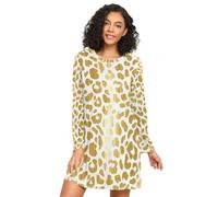 RPLIFE Camicia da notte da donna a maniche lunghe con pois leopardati dorati, comodo vestito da notte a girocollo, comoda camicia da notte da donna, Macchie di leopardo dorato Bianco, S