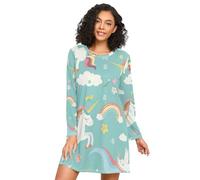 RPLIFE Camicia da notte da donna a maniche lunghe con unicorno a cartoni animati, comoda camicia da notte a girocollo, camicie da notte da donna larghe, Simpatico unicorno cartone animato verde, XL