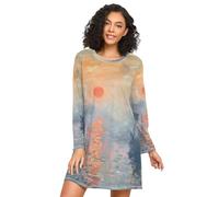 RPLIFE Camicia da notte da donna con stampa di navi al tramonto, camicia da notte casual, camicia da notte a maniche lunghe per donna, Tramonto Navi Pittura, M