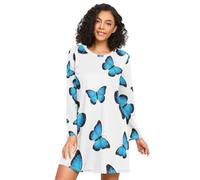 RPLIFE Camicie da notte a maniche lunghe con farfalle blu dipinte per le donne, comodo vestito da notte girocollo casual da donna, Farfalle dipinte blu, 3XL
