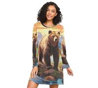 RPLIFE Camicie da notte a maniche lunghe da donna, comodo vestito da notte a girocollo, camicia da notte da donna ampia, orso grizzly paesaggio, Grizzly Bears Paesaggio, L