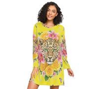 RPLIFE Camicie da notte a maniche lunghe da donna, comodo vestito da notte a girocollo, camicie da notte casual da donna, giocoso leopardo giallo, Giocoso Leopardo Giallo, 3XL