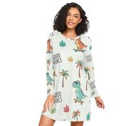 RPLIFE Camicie da notte beige da donna con dinosauri dei cartoni animati e skateboard, abito da casa, camicie da notte a maniche lunghe per donna, Cartoon Dinosaurs Skateboards Beige, S