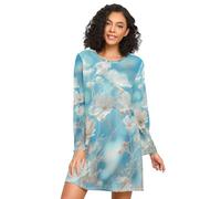 RPLIFE Camicie da notte blu delle donne dei fiori bianchi, indumenti da notte sciolti, camicie da notte a maniche lunghe per la donna, Fiori bianchi Blu, S