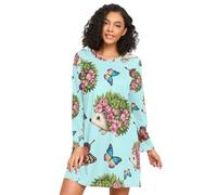 RPLIFE Camicie da notte da donna a maniche lunghe blu con motivo a riccio e farfalle, comodo vestito da notte a girocollo, morbide camicie da notte per le donne, Farfalle Riccio Carino Blu, XXL