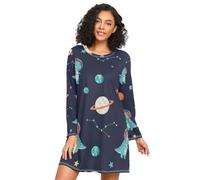 RPLIFE Camicie da notte da donna, a maniche lunghe, camicia da notte da donna, abbigliamento casual per dormire, per l'autunno, Planet Dino Navy, Planet Dino Marina, 3XL