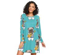 RPLIFE Camicie da notte da donna a maniche lunghe con carlino che suona la chitarra, comodo vestito da notte a girocollo, camicie da notte larghe per le donne, Carlino che suona la chitarra, XL