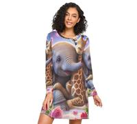 RPLIFE Camicie da notte da donna, a maniche lunghe, con elefante, giraffa, amore, casual, pigiama per l'autunno, Elefante giraffa amore carino, XXL