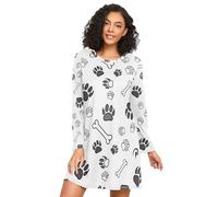 RPLIFE Camicie da notte da donna a maniche lunghe con impronte di zampa di cane bianco nero, comodo vestito da notte a girocollo, Stampe di zampe di cane bianche nere, 3XL