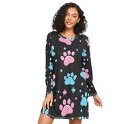 RPLIFE Camicie da notte da donna a maniche lunghe con impronte di zampa di cane, comodo vestito da notte a girocollo, comode camicie da notte da donna, Stampe di zampe di, S