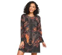 RPLIFE Camicie da notte da donna a maniche lunghe nere con lupo ardente, comodo vestito da notte a girocollo, comode camicie da notte da donna, Lupo Fuoco Nero, S