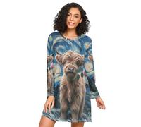 RPLIFE Camicie da notte da donna, camicia da notte da donna a maniche lunghe, comodo vestito per la casa per l'autunno, Highland Cow Starry Night, Notte stellata della mucca delle Highland, M