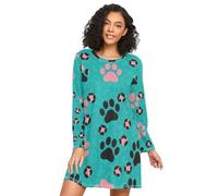RPLIFE Camicie da notte da donna, comodi vestiti da notte, camicie da notte a maniche lunghe per donna, nero e rosa con impronte di zampe color foglia di tè, Nero Rosa Paw Prints Teal, S