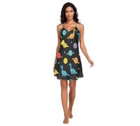 RPLIFE Camicie da notte da donna, con dinosauri, pianeti e stelle, colore nero, in raso, senza maniche, camicie da notte da donna, Dinosauri Pianeti Stelle Nero, XXL