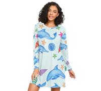 RPLIFE Camicie di sonno delle donne della manica lunga dei delfini blu sveglio, vestito accogliente di sonno del girocollo, camicie da notte comode delle donne, Delfini blu carini, L