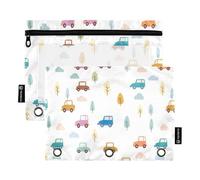 RPLIFE Carino cartone animato Cars Bianco Confezione da 2 sacchetti con cerniera per la scuola dei bambini, sacchetti trasparenti per matite per ragazzi e ragazze, 9,8 pollici × 7 pollici (taglia