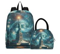 RPLIFE Carino Cartoon Pinguino Set Zaino Più Freddo Zaino Impermeabile, Bambini Zaini con Borsa Pranzo, Chiara Statua della Libertà nella Notte Stellata, One Size
