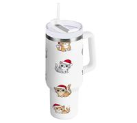 RPLIFE Carino Cartoon Santa Cats Bianco 1,18 oz Tumbler con manico e cannuccia, bottiglia d'acqua in acciaio inox con cannuccia, bicchiere da caffè per le donne