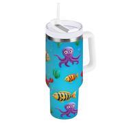 RPLIFE Carino Colorful Cartoon Fish Tumbler con manico e cannuccia, bottiglia in acciaio inox, tazza con coperchio