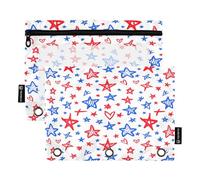 RPLIFE Confezione da 2 astucci a tre anelli blu con stelle rosse per la scuola dei bambini, astuccio trasparente con cerniera per ragazzi e ragazze, 9,8 "× 7"