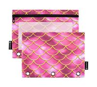 RPLIFE Confezione da 2 astucci con cerniera a 3 fori, motivo squame di pesce sirena, per la scuola dei bambini, astuccio trasparente con cerniera a tre fori per ragazzi e ragazze, 24 cm x 17,8 cm