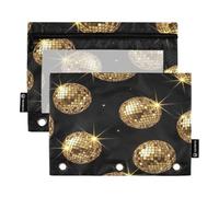 RPLIFE Confezione da 2 astucci grandi a 3 anelli per la scuola dei bambini, con palline da discoteca dorate lucide, custodia trasparente per raccoglitori frontali per ragazzi e ragazze, 24 cm x 17,8