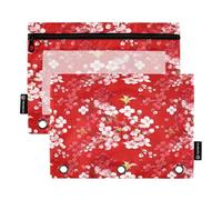 RPLIFE Confezione da 2 sacchetti con cerniera a 3 fori rossi con fiori di ciliegio per la scuola dei bambini, astuccio trasparente con cerniera frontale per ragazzi e ragazze, 24 cm x 17,8 cm (taglia