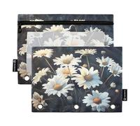 RPLIFE Confezione da 2 sacchetti con cerniera a tre fori con margherite bianche vintage, per la scuola dei bambini, astuccio trasparente per matite per ragazzi e ragazze, 24 cm x 17,8 cm (taglia unica