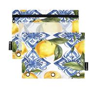 RPLIFE Confezione da 2 sacchetti grandi con cerniera per la scuola dei bambini, con fiori blu e limoni, stile siciliano, astuccio trasparente per ragazzi e ragazze, 24 cm x 17,8 cm (taglia unica)