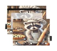 RPLIFE Cozy Raccoon Baker Pie 3 raccoglitori ad anelli con finestra trasparente, confezione da 2 astucci con cerniera per bambini, materiale scolastico per bambini, 24,9 x 17,8 cm (taglia unica x 2)