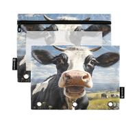 RPLIFE Curious Cow Portrait - Confezione da 2 buste per raccoglitori con cerniera a 3 fori per la scuola dei bambini, tasca frontale grande trasparente per ragazzi e ragazze, 24,9 x 17,8 cm