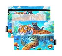 RPLIFE Custodia con cerniera a 3 fori con finestra trasparente, confezione da 2 astucci morbidi per matite per ragazze e bambini, articoli per la scuola, 24 cm × 17 cm, simpatico gatto tigre pesce blu