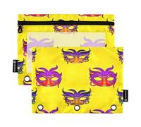 RPLIFE Custodia con cerniera a 3 fori con finestra trasparente, confezione da 2 sacchetti per matite per ragazze e bambini, materiale scolastico, 24 x 17 cm, maschera colorata per martedì grasso