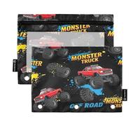 RPLIFE Custodia con cerniera con finestra trasparente, confezione da 2 astucci per raccoglitori a 3 anelli per ragazze e bambini, materiale scolastico, 24 cm x 17 cm, Cool Monster Trucks nero